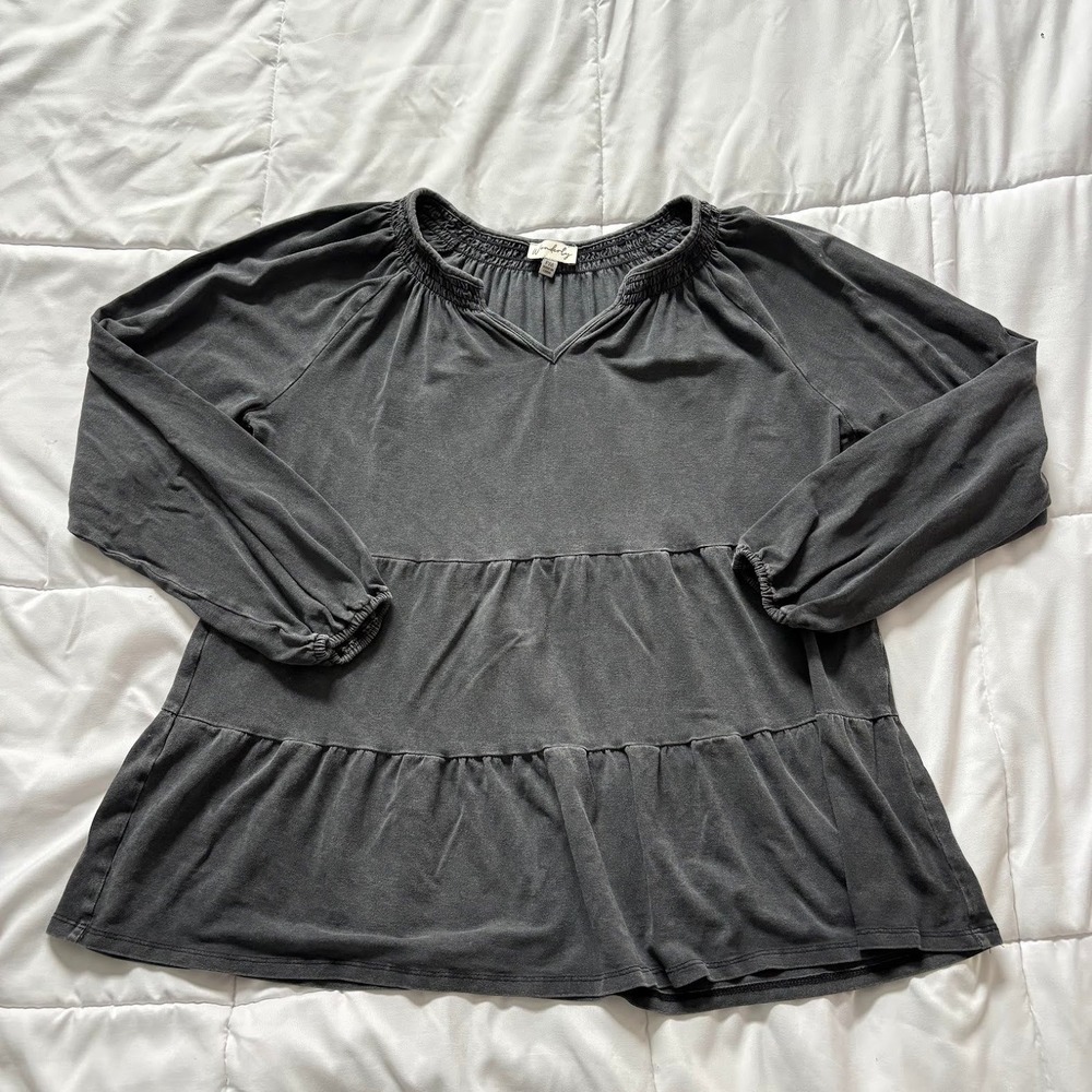 Gray Tiered Babydoll Top Smocked V-Neck Blouse Petite Medium Cottagecore Prairie